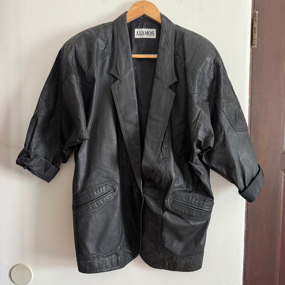 80s Vintage ALAMOS | Western Style Black Leather Jacket Shoulder pads | Small
